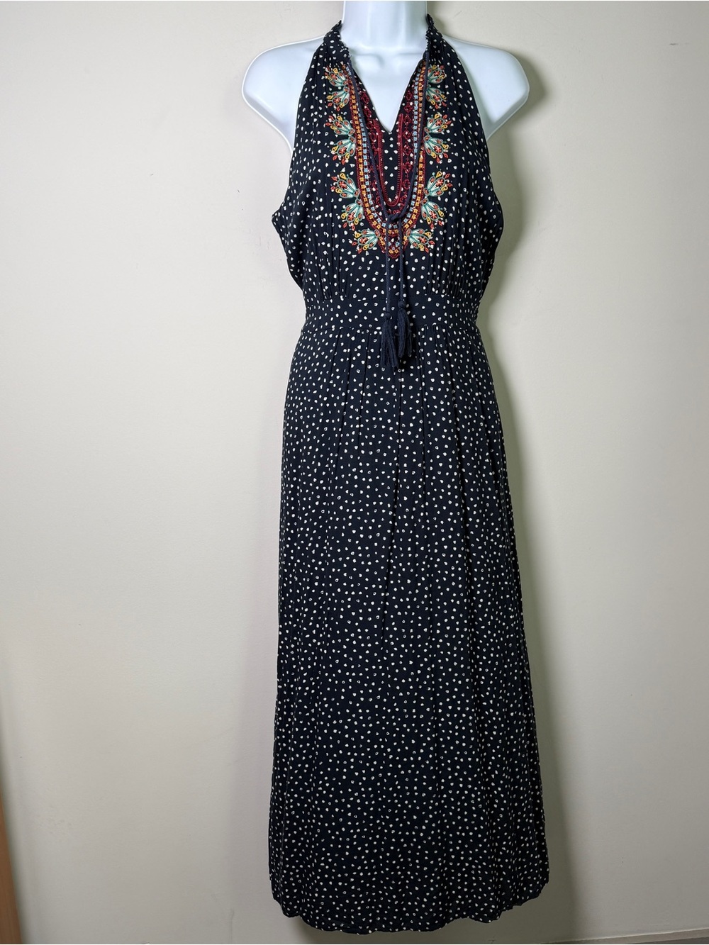 THML Boho Embroidered Halter Maxi Dress Navy Ditzy Dot Cottagecore Festival MP